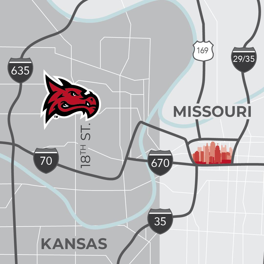 Map showing Donnelly's campus in comparison to downtown Kansas City